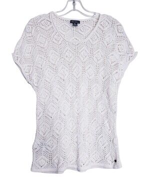 Eddie Bauer White Short Sleeve Open Knit Crochet Sweater Top Women's Size XS